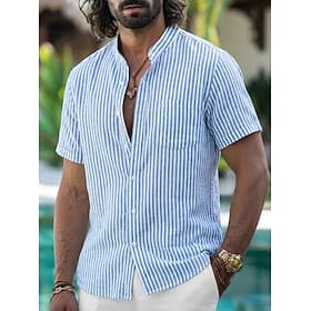 Herren Hemd Leinenhemd Sommerhemd Strandhemd Sommer Hawaiihemd Vertikale Streifen Lässig Täglich Blau Rosa Kurzarm Kragen Frühling  Sommer Bekleidung