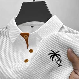 Men's Ice Silk Seersucker Polo Golf Shirt Casual Work Lapel Short Sleeve Basic Modern Coconut Tree Jacquard Buttons Summer Spring Regular Fit Blue Black White