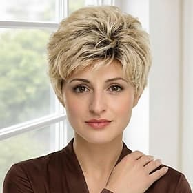 Stilvolle, kurze, freche Pixie-Perücke aus Synthetik für Damen – hellblond mit dezenten Highlights, texturiertes Volumen