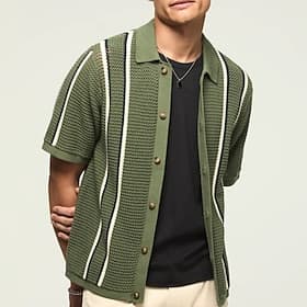 Men's Shirt Ribbed Knitted Casual Shirt Button Up Shirt Jacquard Shirt Green Short Sleeve Striped Shirt Collar Casual Daily Buttons Clothing Apparel Elegant Fa