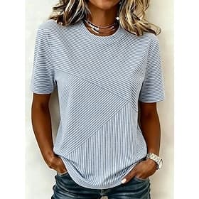 Women's T Shirt Print Striped Graphic Geometric Stylish Classic Casual Short Sleeve Crew Neck Regular Tops Casual Daily Blue Summer Spring