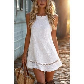 Femmes Mini robe Robe bohème Robe en Dentelle Robe d'Été Robe Blanche Mode Quotidien Coupe régulière Fleuri Uni Sans manches Col ras du cou Col haut Blanche Ét