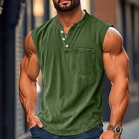 SoftFade™ Men's Tank Top Vest Top Undershirt 100% Cotton Acid Wash Shirt Sleeveless Henley Summer Plain Basic Pocket Buttons Casual Vacation Street Blue Black thumbnail 2