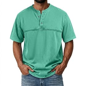 SoftFade™ Men's Henley Shirt 100% Cotton Acid Wash Shirt Short Sleeve Plain Retro Vintage Casual Vintage Style Garment Dyed Denim Henley Casual Summer Spring B