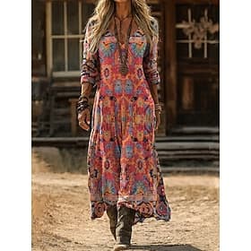 Women's Maxi Dress Boho Dress Vintage Dress Casual Dress Vintage Loose Fit Floral Long Sleeve V Neck Black And White Ice Blue Black Yellow Summer Spring