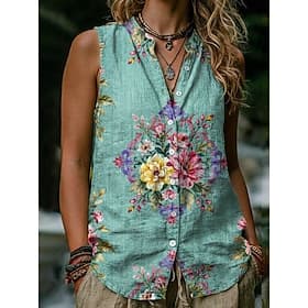 Women's Shirt Buttons Print Floral Graphic Vintage Stylish Modern Sleeveless Stand Collar Regular Tops Casual Daily Blue Green Summer Spring