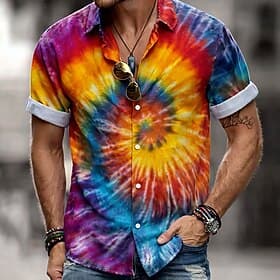 Men's Hippie Tie Dye Print Shirt Button Up Shirt Short Sleeve Fashion Casual Streetwear Vacation Summer Spring Turndown 3D Print Collared Shirts Pink Dark Gree