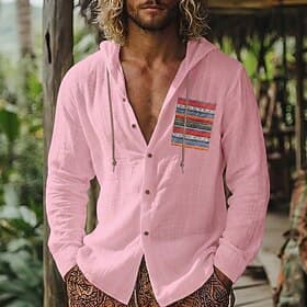Men's Shirt Linen Shirt Summer Shirt Beach Shirt Button Up Shirt Hooded Shirt Boho Casual Vacation Pink Green Long Sleeve Hooded Summer Spring Clothing Apparel