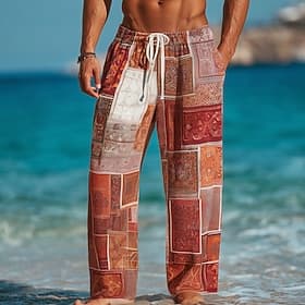 Herren Farbblock Patchwork Böhmische Hose Hosen Hose Baggy-Hosen Mittlere Taille Ethnisch Vintage-Retro Heim Outdoor Urlaub Kordelzug Elastischer Bund Weites B