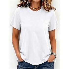 Femmes 100% Coton T-shirt Uni Élégant Classique Manche Courte Col ras du cou Hauts Réguliers Occasionnel Quotidien Week-end Bleu Noir Blanche Rose Claire Vert