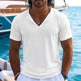 Herren T-Shirt Leinen-T-Shirt Kurze Ärmel V Ausschnitt Sommer Einfach Mode Designer Basic Weich Rein Lässig Urlaub Straße Blau Schwarz Weiß Top T-Shirt für Her thumbnail 2