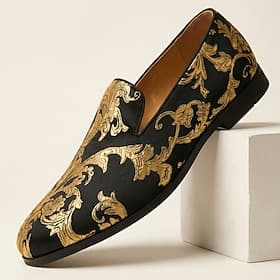 Men's Black Gold Baroque Loafers Slip-On Embroidered Dress Shoes Luxury Formal Footwear for Weddings, Banquets, Parties, Prom, Stage Performances and Statement