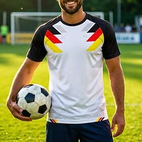 Herren-Fußballtrikot, Rundhalsausschnitt, Kurzarm, atmungsaktives Mesh-Gewebe, Turnier-Design, UPF 50, Deutschland, Schwarz, Weiß, Rot, Gelb, geometrisches Far