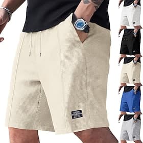 Men's Waffle Shorts Shorts Beach Shorts Casual Shorts Pocket Elastic Waist Plain Comfort Breathable Knee Length Casual Outdoor Beach Vacation Fashion Black Whi
