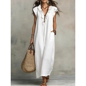 Women's Maxi Dress Linen-feel Dresses Shift Dress Summer Dress Casual Daily Loose Fit Plain Sleeveless V Neck Blue Black White Red Summer Spring