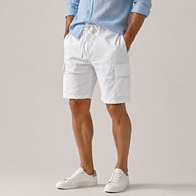 Men's Linen Cargo Shorts – Knee-Length, Drawstring Elastic Waist, Multi-Pocket, Comfortable  Breathable, Casual, Outdoor  Beach Vacation, Black  White