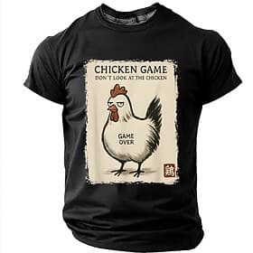 Men's Japanese Style Chicken Game Don't Look At The Chicken Game Over Kanji Rooster Seal Oriental Aesthetic Retro T Shirt Graphic Regular Fit Harajuku Streetwe