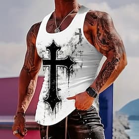 Men's Bible Large Gothic Black Cross Ink Splatter Religious Christian Streetwear Vintage Edgy Tank Top Graphic Muscle Fit Sleeveless Gym Fitness Casual Summer