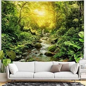 Nature Forest Wall Tapestry Sunrays Sunlight Through Trees Landscape Wall Hanging Misty Woodland Mossy Pine Forest Scenery Large Fabric Poster for Bedroom Livi thumbnail 2