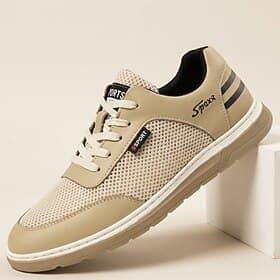 Men's Beige Mesh Lace-Up Casual Sneakers, Breathable Lightweight Comfort Walking Shoes, Sporty Everyday Style for Men, Suitable for Outdoor Leisure, Travel and