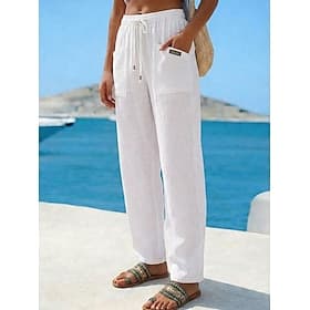 Women's Cotton Linen Pants Trousers Casual Pants Summer Pants Vacation Fashion Streetwear Full Length Mid Waist Plain Pocket Elastic Waist Comfort Comfortable thumbnail 2