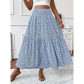Women's Vacation Skirt Fashion Casual Maxi High Waist Skirts Floral Print Micro-elastic Daily Street Blue Black Yellow Red Summer