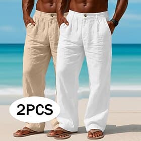 Men's Linen Pants Trousers Summer Pants Baggy Pants Beach Pants Pocket Plain Comfort Breathable Full Length Casual Daily Outdoor Vacation Fashion WhiteKhaki Br thumbnail 2