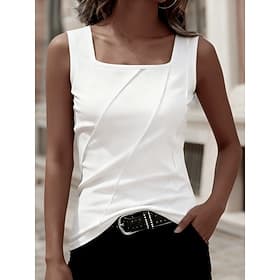 Women's Tank Top Sleeveless Shirt Tee Top Solid Color Fashion Classic Casual Sleeveless Square Neck Regular Tops Daily Going out Weekend Black White Summer Spr