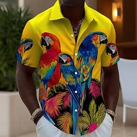 Herren Vogel Papagei Sommer Hawaiihemd Tropische Hemden Alohahemd Kurzarm Hawaiianisch Urlaub Strandbekleidung Sommer Frühling Umlegekragen 3D-Druck Hemden mit