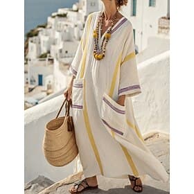 Women's Maxi Dress Linen-feel Dresses Beach Dress Casual Dress Print Dress Elegant Fashion Modern Outdoor Vacation Going out Loose Fit Geometric Long Sleeve V