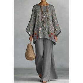 Women's Pants Sets Long Sleeve Round Neck Floral Graphic Print Fashion Streetwear Casual Daily Outdoor Purple Green Gray Summer Loose Fit
