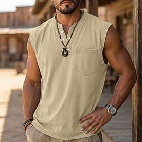 SoftFade™ Men's Tank Top Vest Top Undershirt 100% Cotton Acid Wash Shirt Sleeveless Henley Summer Plain Basic Pocket Buttons Casual Vacation Street Blue Black