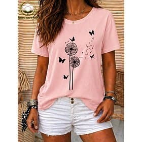 Women's 100% Cotton T Shirt Print Floral Graphic Vintage Stylish Casual Short Sleeve Crew Neck Regular Tops Casual Daily Weekend Light Beige Black White Pink R
