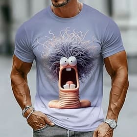 Herren-T-Shirt mit 3D-Motiv: Schreiender Wurm mit krausem Haar, lustiges, witziges Cartoon-Motiv, normale Passform, lässige Streetwear, Alltagsgeschenk, Design