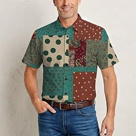 Retro Vintage Hippie 1970er Hemd Kurze Ärmel Hippie Retro Patchwork Böhmische Kostüm Herren Musikfestival Party Alltagskleidung Erwachsene Hemd Frühling  Somme