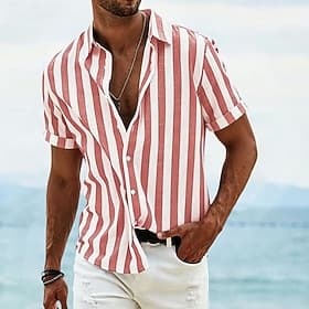 Men's Shirt Linen Shirt Summer Shirt Beach Shirt Button Up Shirt Striped Shirts Vertical Stripes Streetwear Vacation Blue Yellow Pink Red Short Sleeve Turndown