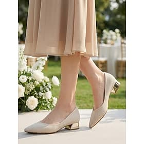 Women's Champagne Block Heel Pumps – Elegant Pointed Toe Dress Shoes with Metallic Heel for Mother of the Bride, Garden Wedding  Formal Events