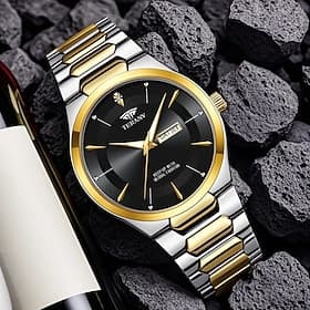 Men's Watch Luxury Two-Tone Gold Silver Stainless Steel Bracelet, Black Dial Day Date Waterproof Quartz Wristwatch, Fashion Business Dress Watch, Gift for Men
