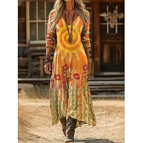 Women's Maxi Dress Sundress Vacation Casual Boho Daily Loose Fit Floral Long Sleeve V Neck Blue Black Yellow Red Summer Spring
