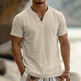 Men's Tee Top Linen-Like T-shirt Short Sleeve Short Sleeves V Neck Summer Plain Fashion Designer Basic Soft Casual Vacation Street White Top Tee for Men