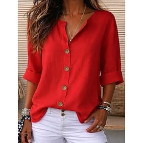 Dames linnen blouse met knoopjes, effen kleur, geschikt voor dagelijks gebruik, casual, 3/4 mouwen, V-hals, normale pasvorm, zwart, wit, rood, oranje, groen, z