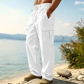 Men's Cargo Pants Linen Pants Trousers Summer Pants Beach Pants Drawstring Elastic Waist Multi Pocket Plain Comfort Breathable Daily Outdoor Beach Vacation Fas thumbnail 2