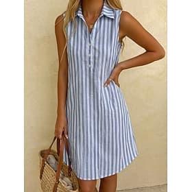 Women's Knee Length Dress Shirt Dress Casual Dress Striped Dress Fashion Basic Daily Vacation Regular Fit Striped Sleeveless Shirt Collar Blue Black Wine Green