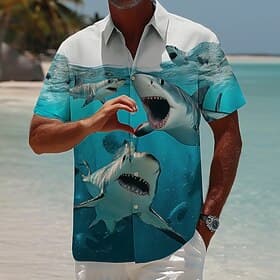 Men's Animal Shark Heart-shaped Shirt Summer Hawaiian Shirt Tropical Shirts Short Sleeve Hawaiian Funny Beach Vacation Wear Summer Spring Turndown 3D Print Col