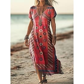 Women's Maxi Dress Sundress T Shirt Dress Tee Dress A Line Dress Vacation Casual Beach Going out Loose Fit Graphic Tribal Ethnic Short Sleeve V Neck Dark Red W