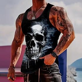 Men's Smokey Large Skull Face Bone Structure Gothic Dark Biker Rock Edgy Horror Tank Top Graphic Muscle Fit Sleeveless Gym Fitness Streetwear Casual Summer Des