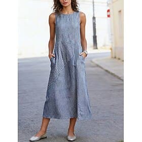 Women's Midi Dress Casual Dress Striped Dress A Line Dress Elegant Fashion Daily Vacation Regular Fit Striped Sleeveless Crew Neck Khaki Light Blue Summer Spri