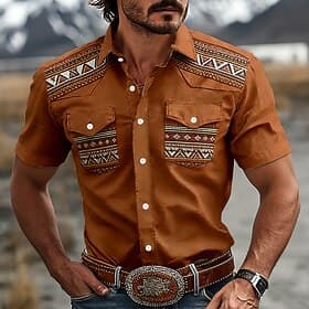 Men's Geometric Ethnic Western Shirt Work Shirts Cowboy Shirt Short Sleeve Western Vintage Retro Casual Outdoor WorkWear Summer Spring Turndown 3D Print Front