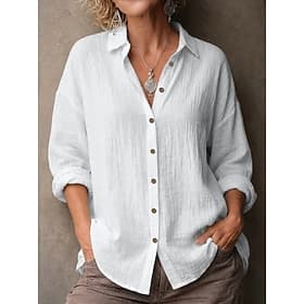 Dames Overhemd Overhemden met linnenlook Blouse Effen Kleur Basic Casual Lange mouw Revers Normale tops Casual Dagelijks blauw Zwart Wit Geel Khaki Zomer Lente
