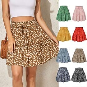 Femmes Jupe de vacances Mode Occasionnel Maxi Taille haute Jupes Floral A Volants Imprimé Élastique Quotidien Rue Noir Jaune Rose Claire bleu marine Été